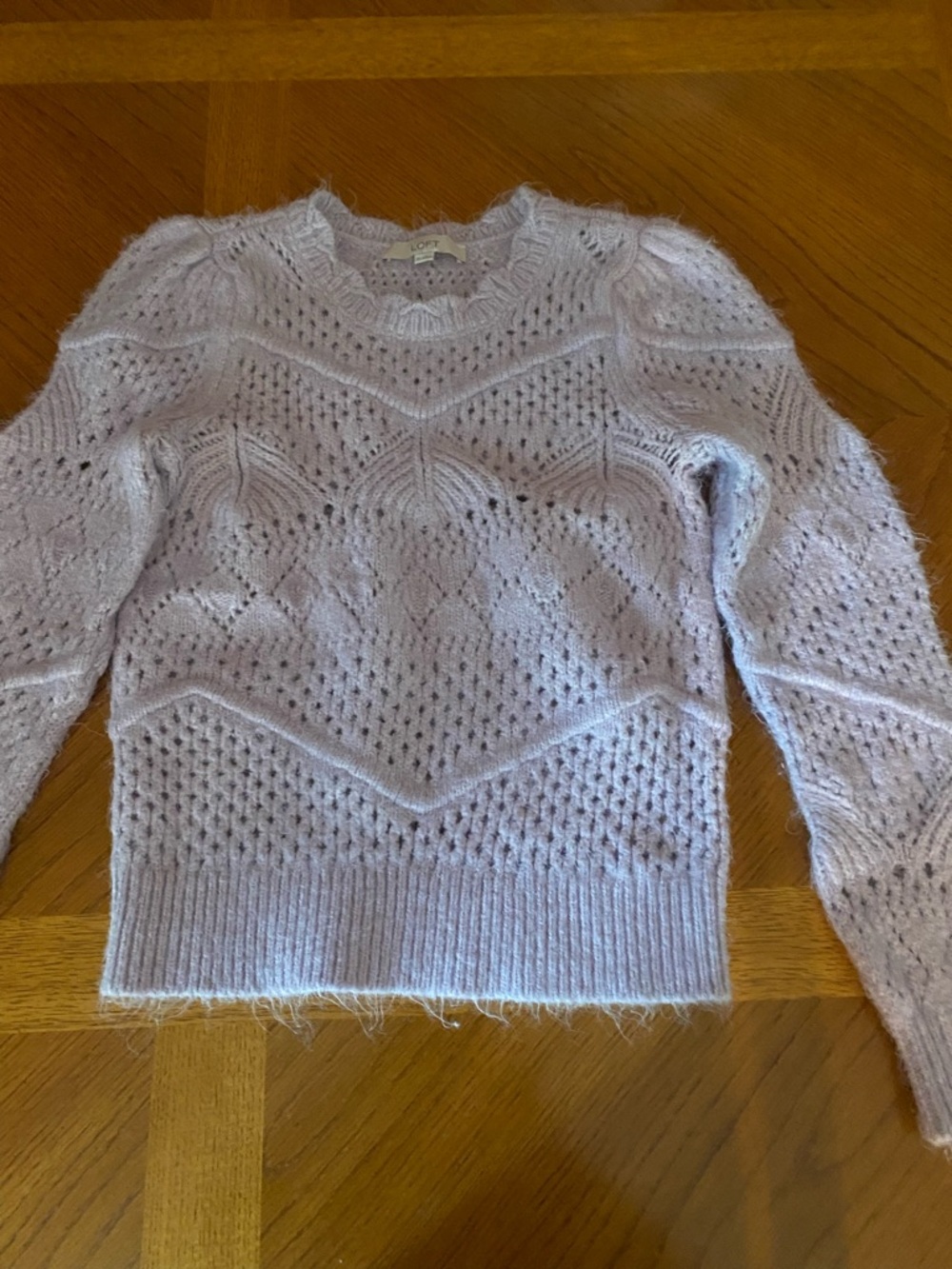 LOFT Lilac Scalloped Pointelle Puff Sleeve Sweater